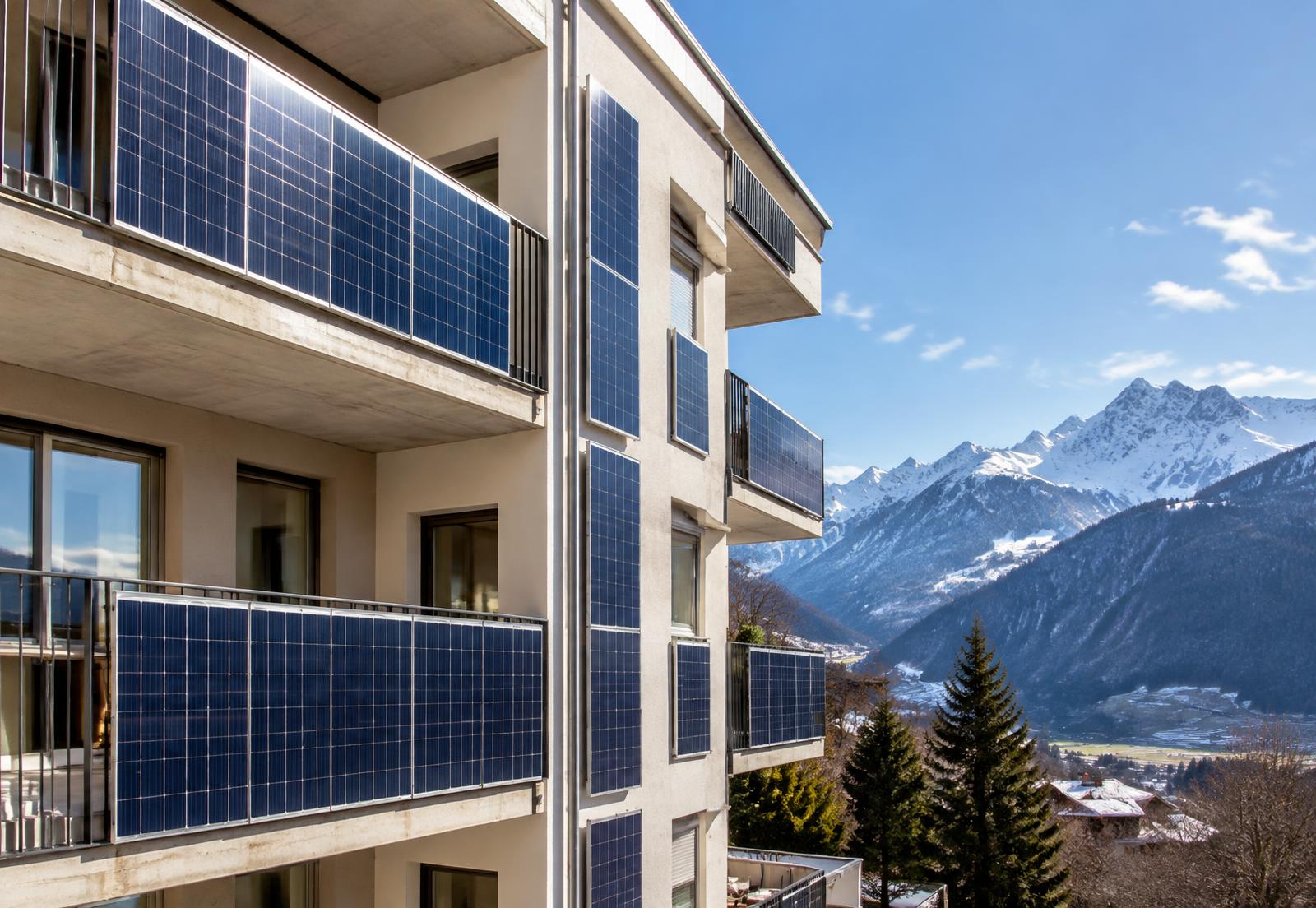 Grosse vertikale Solaranlage an Balkongeländern und Fassade eines Schweizer Mehrfamilienhauses
